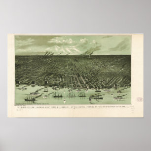 Detroit Michigan 1889 Antique Panoramabalkarte Poster