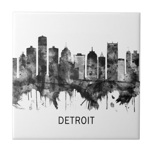 Detroit Michigan Skyline BW Fliese (Vorderseite)
