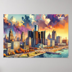 Detroit Michigan USA Travel Places watercolor Poster