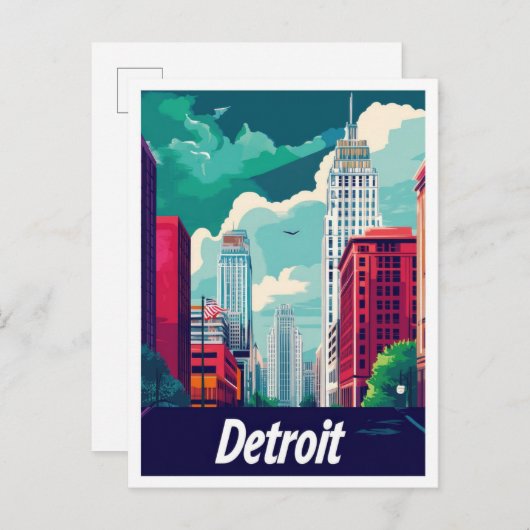 Detroit Michigan Vintage Travel Illustration Postkarte (Vorne/Hinten)