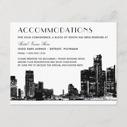 Detroit Skyline Art Déco Hochzeitsunterkünfte Begleitkarte (Vorderseite)