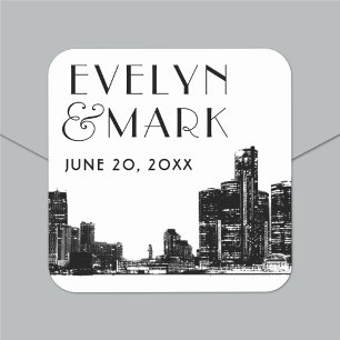 Detroit-Skyline Art Deco Monogramm-Hochzeit Quadratischer Aufkleber