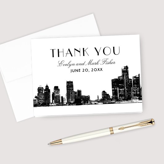 Detroit Skyline Art Deco Wedding Monogram Dankeskarte