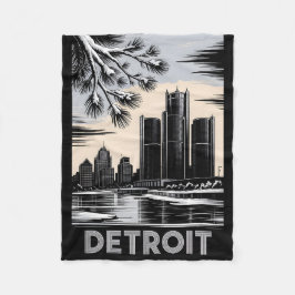 Detroit Skyline Black and White Woodcut Winter Fleecedecke