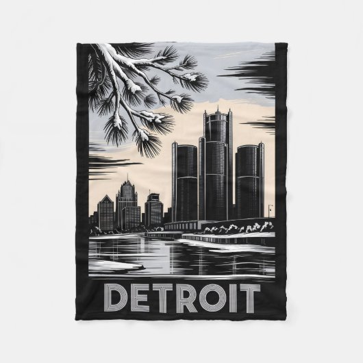 Detroit Skyline Black and White Woodcut Winter Fleecedecke (Vorderseite)