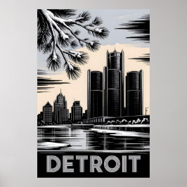 Detroit Skyline Black and White Woodcut Winter Poster