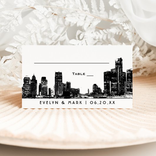 Detroit Skyline Black Art Deco Wedding Monogram Platzkarte