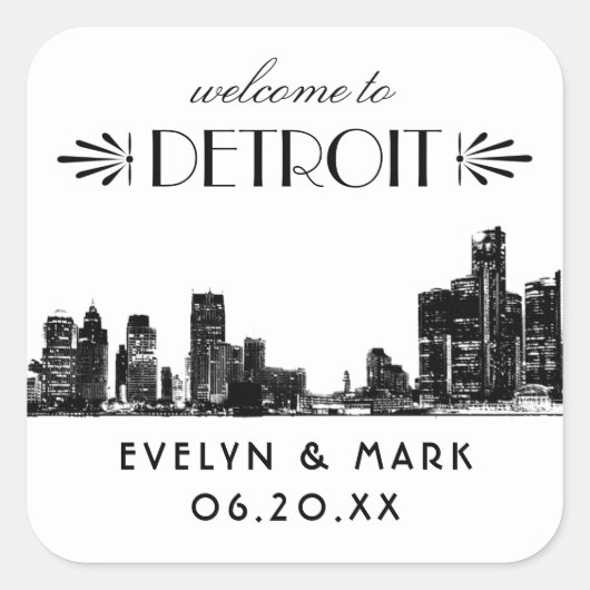 Detroit Skyline Black Art Deco Wedding Willkommen Quadratischer Aufkleber (Vorderseite)
