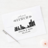 Detroit Skyline Black Art Deco Wedding Willkommen Quadratischer Aufkleber (Umschlag)