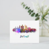 Detroit Skyline in Aquarellfarbe Postkarte (Stehend Vorderseite)
