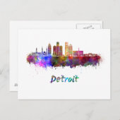 Detroit Skyline in Aquarellfarbe Postkarte (Vorne/Hinten)