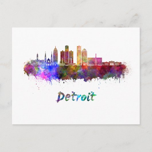 Detroit Skyline in Aquarellfarbe Postkarte (Vorderseite)