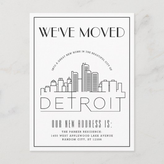  Detroit Skyline Moderner Deko Adresswechsel Ankündigungspostkarte (Vorderseite)
