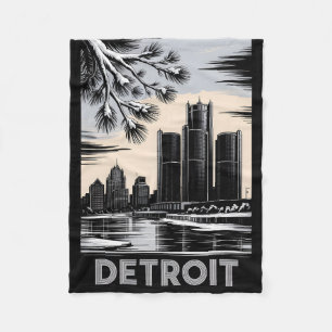 Detroit-Skyline Schwarz-Weiß-Holzschnitt Winter Fleecedecke