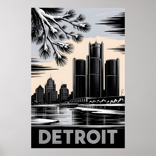Detroit Skyline Schwarz-Weiß-Holzschnitt Winter Poster (Vorne)