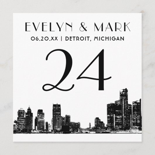 Detroit Skyline Schwarz-weiß Wedding Tischnummer (Vorderseite)