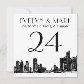 Detroit Skyline Schwarz-weiß Wedding Tischnummer (Vorderseite)