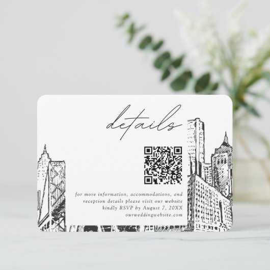 Detroit Skyline Small Wedding Details QR Code UAWG Begleitkarte (Stehend Vorderseite)