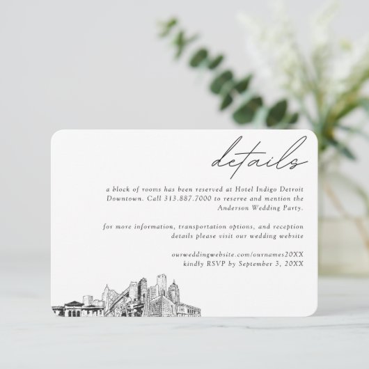 Detroit Wedding Hotel Zimmerblock Details Klein Begleitkarte (Stehend Vorderseite)