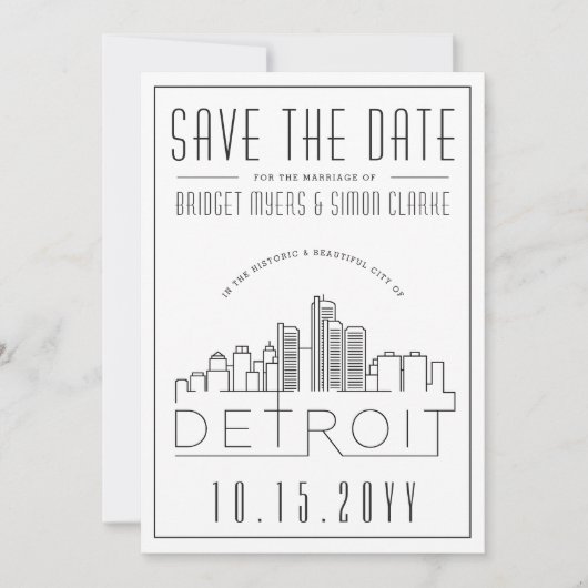 Detroit Wedding | Stilisierte Skyline Save the Dat Einladung (Vorderseite)