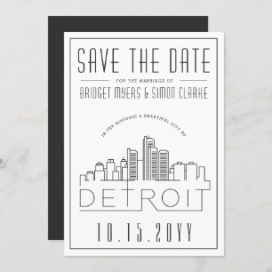 Detroit Wedding   Stilisierte Skyline Save the Dat Einladung