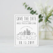 Detroit Wedding | Stilisierte Skyline Save the Dat Postkarte (Stehend Vorderseite)