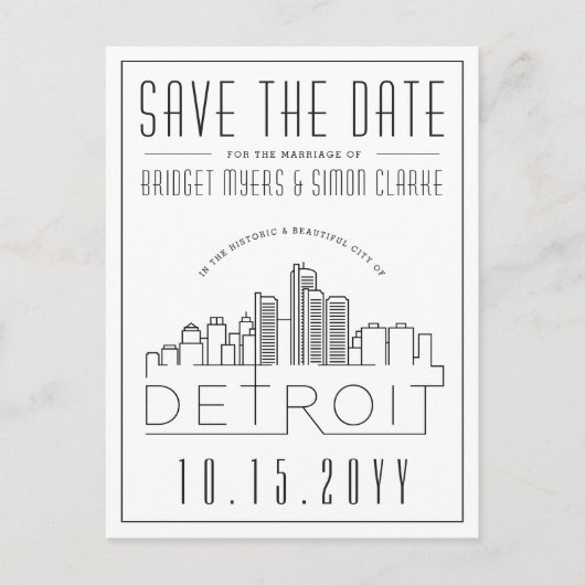 Detroit Wedding | Stilisierte Skyline Save the Dat Postkarte (Vorderseite)