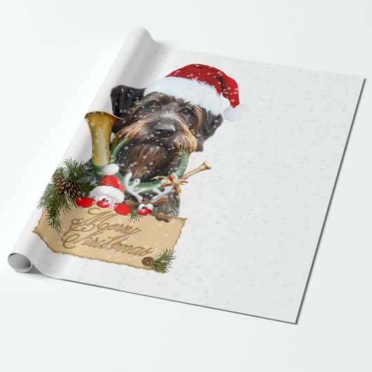 Deutsch Drahthaar, Frohe Weihnachten! Schaltfläche Geschenkpapier (Ungerollt)