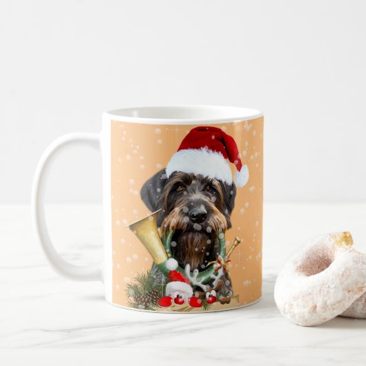 Deutsch Drahthaar, Frohe Weihnachten! Schaltfläche Kaffeetasse (Mit Donut)