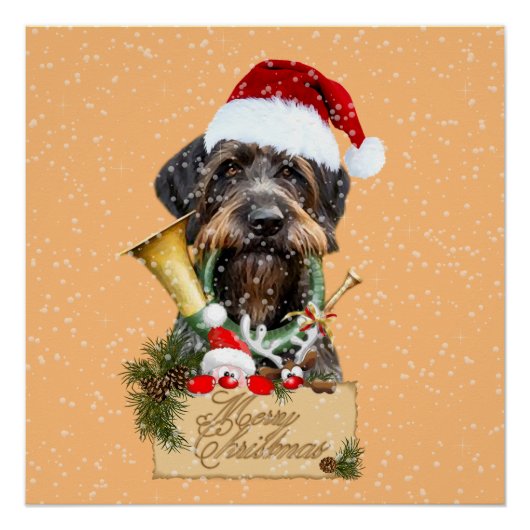 Deutsch Drahthaar, Frohe Weihnachten! Schaltfläche Poster (Vorderseite)