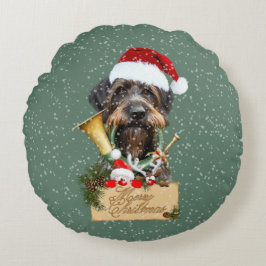 Deutsch Drahthaar, Frohe Weihnachten! Schaltfläche Rundes Kissen