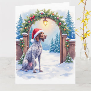 Deutsch Drahthaar Hund mit Weihnachtsmannmütze am  Karte