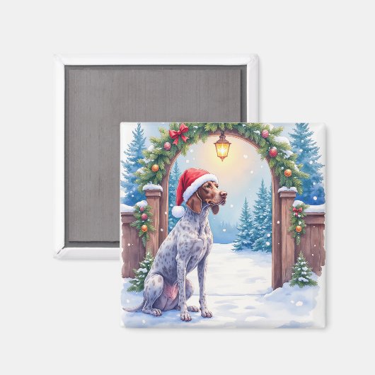 Deutsch Drahthaar Hund mit Weihnachtsmannmütze am  Magnet (Vorderseite/Rückseite)