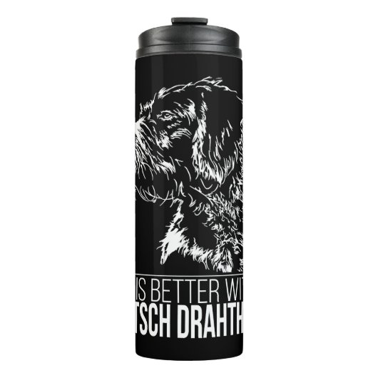 Deutsch Drahthaar Leben ist besser Hund Sprichwort Thermosbecher (Vorderseite)