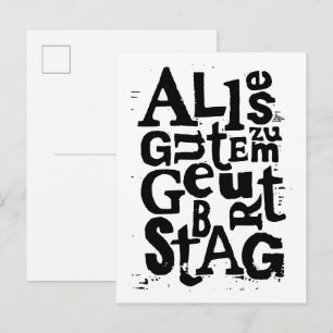 Deutsch "Happy Birthday" Lino Print Postcard Ankündigungspostkarte
