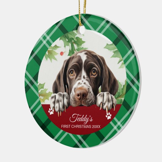 Deutsch Kurzzeitiger Pointer Erstes Weihnachten Keramik Ornament (Links)