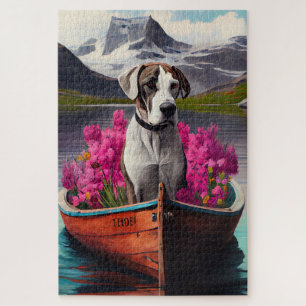 Deutsche Dogge auf einem Paddel: Ein landschaftlic Puzzle