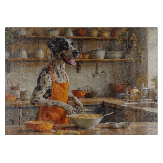 Deutsche Dogge beim Kochen in der Küche Schneidebrett (Vorderseite)
