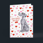 Deutsche Dogge blauer UC-Valentinstag-Kuss Feiertagskarte<br><div class="desc">Fältchen oben mit dieser Deutschen Dogge von Däne-R-Uns. Wie ist über Küsschen? von einem Dänen umgeben durch die rosa u. roten Herzen. Vervollkommnen Sie für Valentinstag oder jeden möglichen Tag!</div>