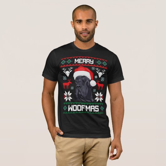 Deutsche Dogge frohe Woofmas Weihnachten T-Shirt (Vorne ganz)