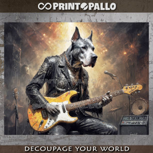Deutsche Dogge spielt E-Gitarre Seidenpapier
