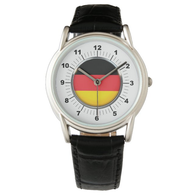 Deutsche Flagge Kronenkralle aus schwarzem Leder Armbanduhr (Vorderseite)