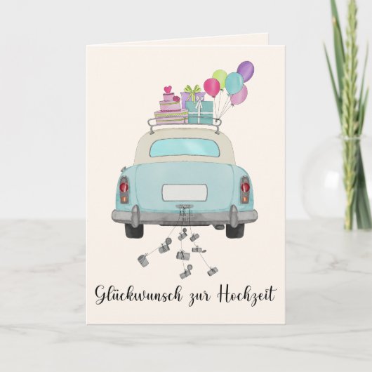 Deutsche Glückwunsch Hochzeit Blue Retro Car Karte (Vorderseite)