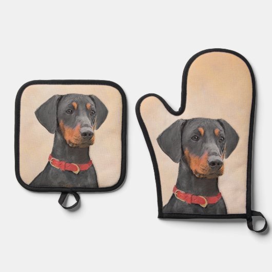 Deutsche Pinscher Malerei Schwarzer Original Hund Ofenhandschuh & Topflappen-Set (Vorderseite)