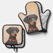 Deutsche Pinscher Malerei Schwarzer Original Hund Ofenhandschuh & Topflappen-Set (Vorderseite/Rückseite)
