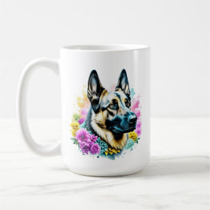 Deutsche Schäferhund-Mutter rosa und gelbe Blumen Kaffeetasse