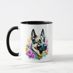 Deutsche Schäferhund-Mutter rosa und gelbe Blumen Tasse