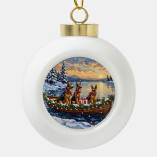 Deutsche-Schäferhund-Weihnachtsboot-Feier Keramik Kugel-Ornament