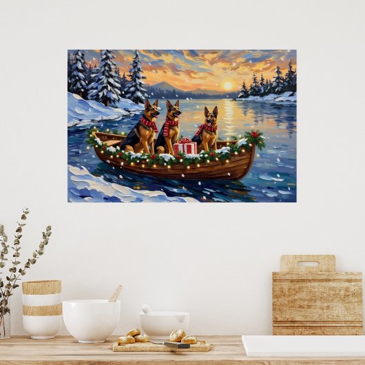 Deutsche-Schäferhund-Weihnachtsboot-Feier Poster (Küche)