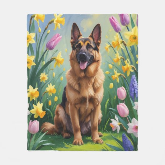 Deutsche Schäferhunde Hunde Frühlingsblumen Malere Fleecedecke (Vorderseite)